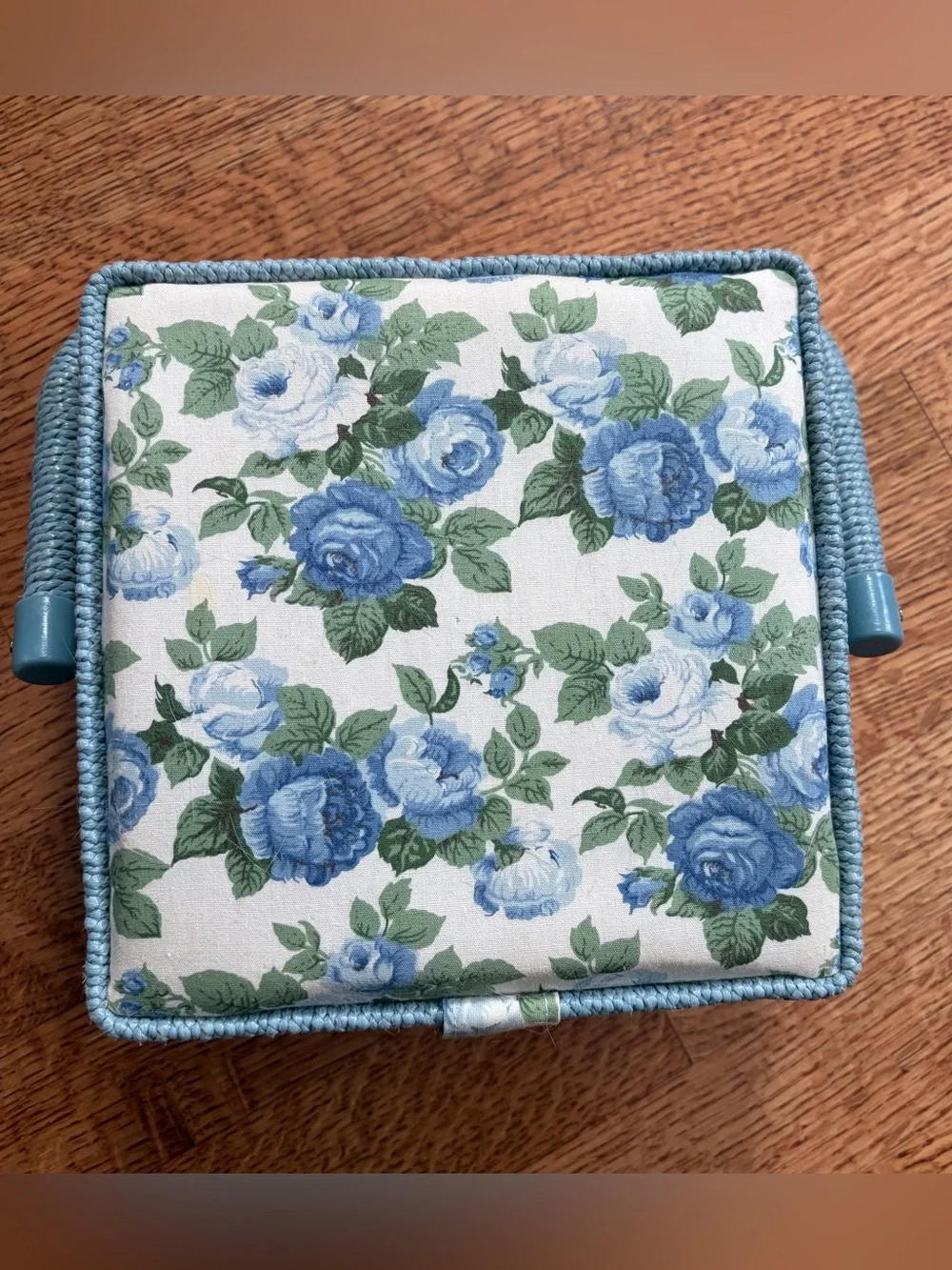 Vintage Floral Quilted Fabric Sewing Box Basket Blue Cottagecore Country Chic